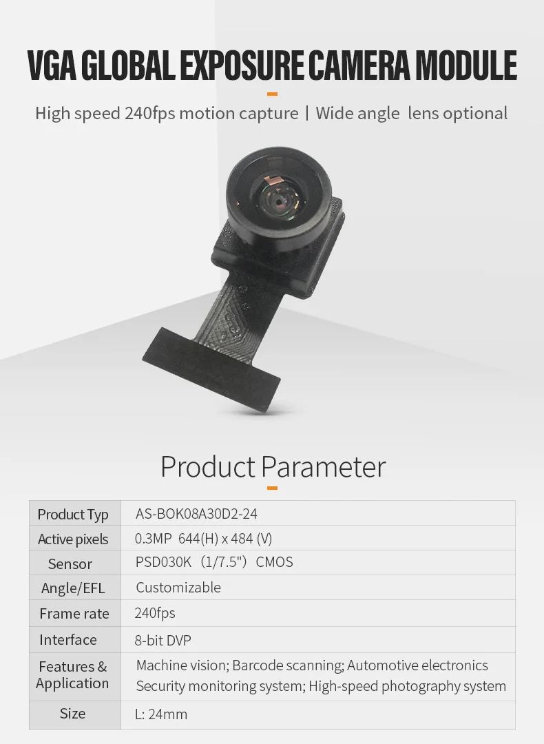 PSD030K 0.3MP Global exposure wide angle DVP CMOS camera module插图