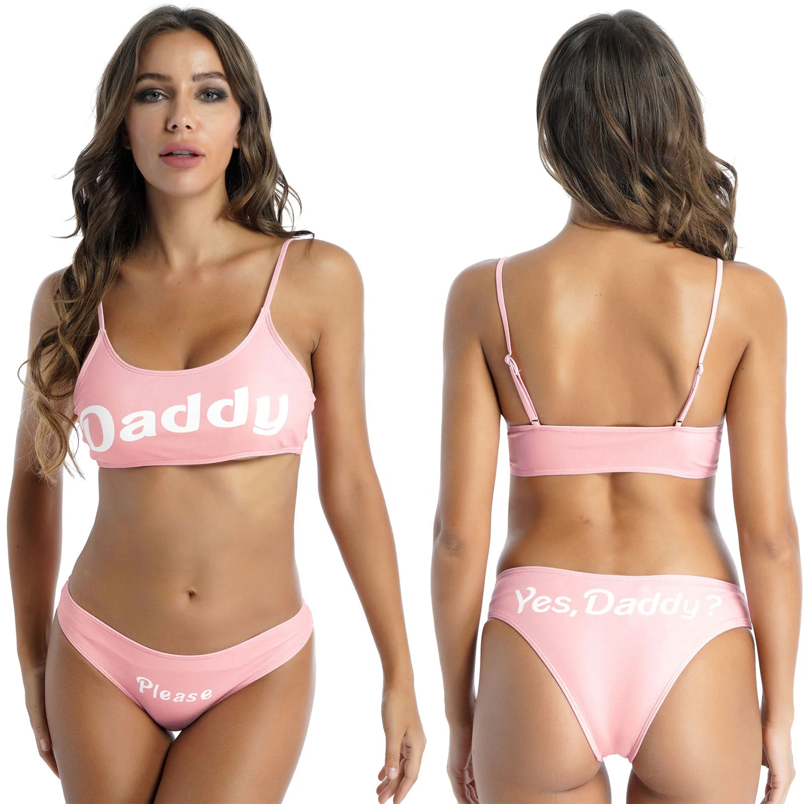 Sexy Women Swimsuit Yes Daddy Print Padded Bra Bikini Set Swimwear