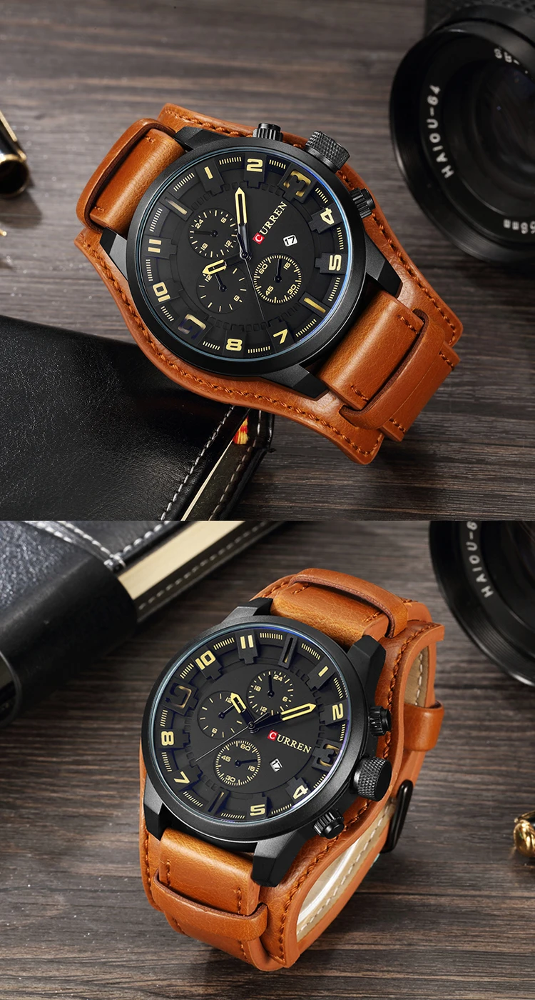 CURREN 8225 stylish red male quartz watch creative PU leather band 24 hour Chronograph calender bike wristwatch