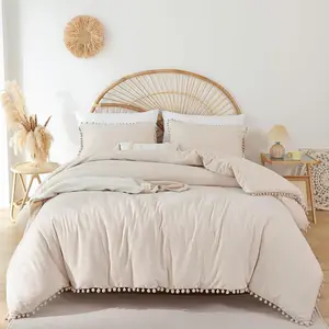 Microfiber Comforter Set, 3pcs Boho Ball Pom Fringe Design Bedding Set (1 Comforter, 2 Pillowcases)
