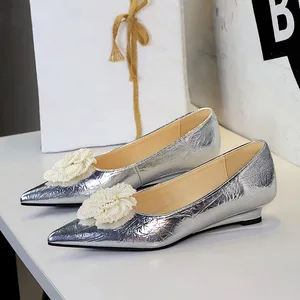 7200-H92 Elegant Women's Summer Shoes French Pointed Toe Versatile Shallow Mouth Fashion Bowknot Beaded Flower Height Increasing