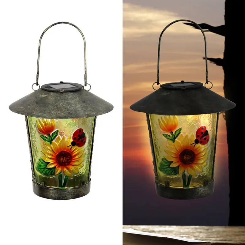 Liffy Set of 2   Sunflower Outdoor Waterproof Tabletop Lamp Patio Yard LED Metal Light Solar Lantern Hanging