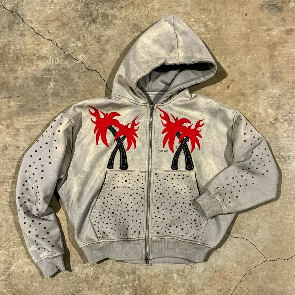 Custom Premium Heavyweight Rhinestone Palm Tree Graphic Zip up Sweatshirt Casual Urban Loose Fit Oversized Streetwear Hoodie
