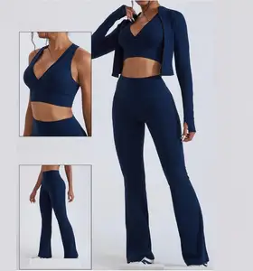 3 Pieces Set New Women Active Wear Yoga Fitness Sets High Impact Bra Flared Pants Track Suit Workout Tight Jackets Sportswear