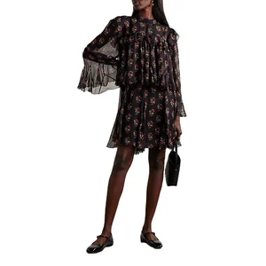 Clothing Manufacturer Custom Spring Summer Crew Neck Long Sleeve Elegant Casual Print Women Mini Dress