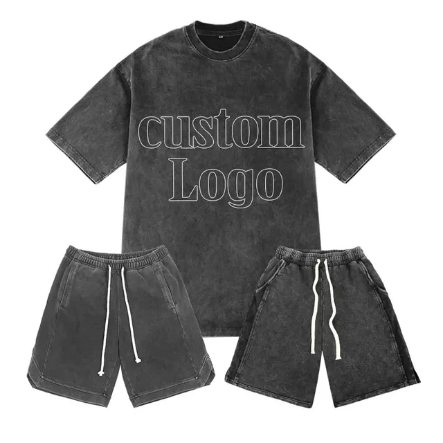 custom logo design two piece mens summer suit 2 piece acid wash shorts and t shirt set for men clothing