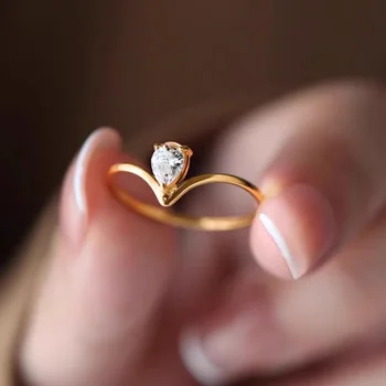 RFJEWEL 2024 New V-shaped Water Drop Shiny Zircon 18K Gold Plated for Lover Engagement or Wedding Ring