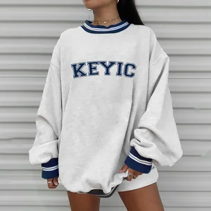 Custom logo Screen Print Cotton Striped Rib Pullover Oversized Hooded Sweatshirt Top Leisure Hoodies Women Crew Neck Sweatshirt