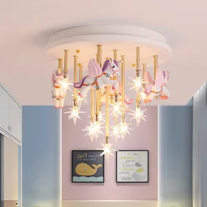 Modern Cartoon Children's Room Lighting Boy Girl Princess Carousel Chandelier Led Kids Child Ceiling Lamp for Bedroom