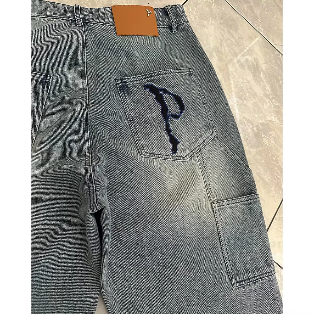 SALATI Distressed Straight Acid Wash Baggy Cargo Jeans Unisex Wide Leg Pants Rhinestone Double Knee Denim Carpenter Pants Men gallery 4