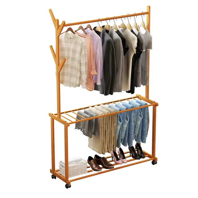 Bamboo Garment Coat Clothes Hanging Heavy Duty Rack Bamboo Floor Closet