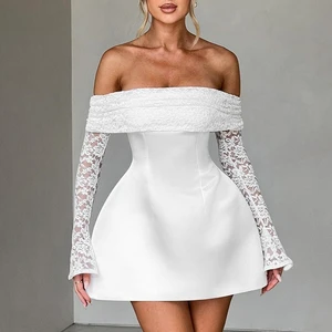 2025 Sheer Lace Spliced Off Shoulder Long Sleeve Dress Women Elegant Sexy White Black Short Mini Cocktail Dresses
