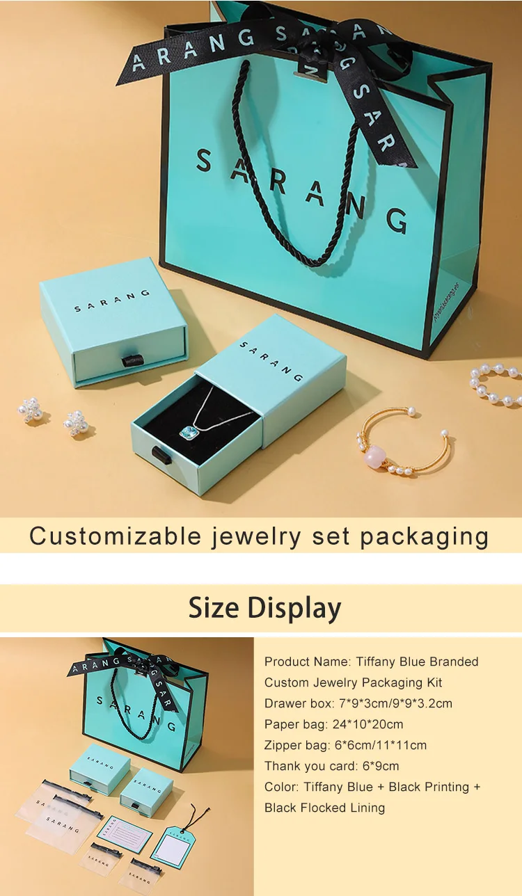 Premium Rectangle Mint Green Gift Box Jewelry Drawer Box Set with Paper Bag PVC Zipper Bag Thank You Card Custom Logo Packaging supplier