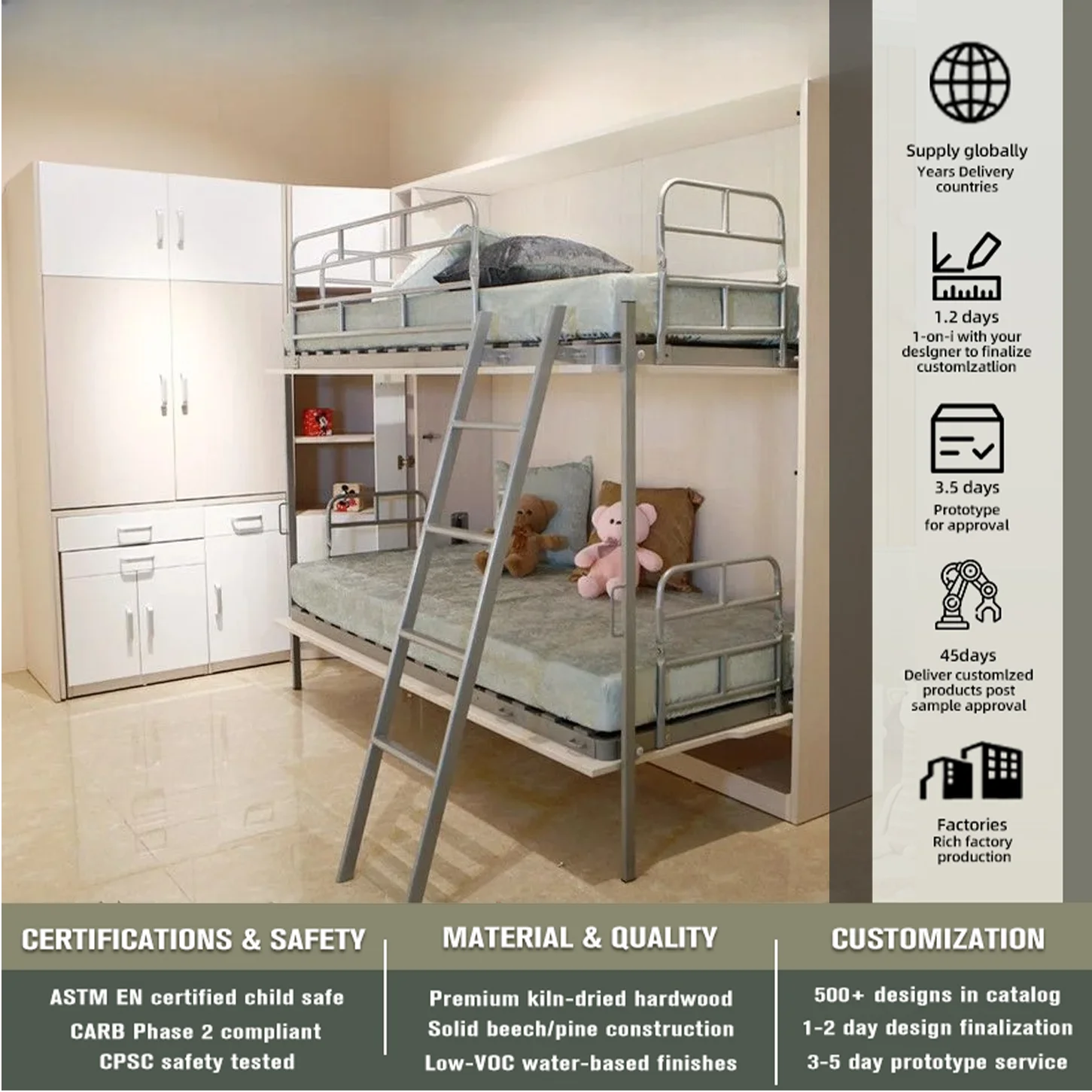 Modern Folding Murphy Bunk Bed with Pull-Down Trundle Space-Saving Wall Bed Design Single Saving Wood Panel Style