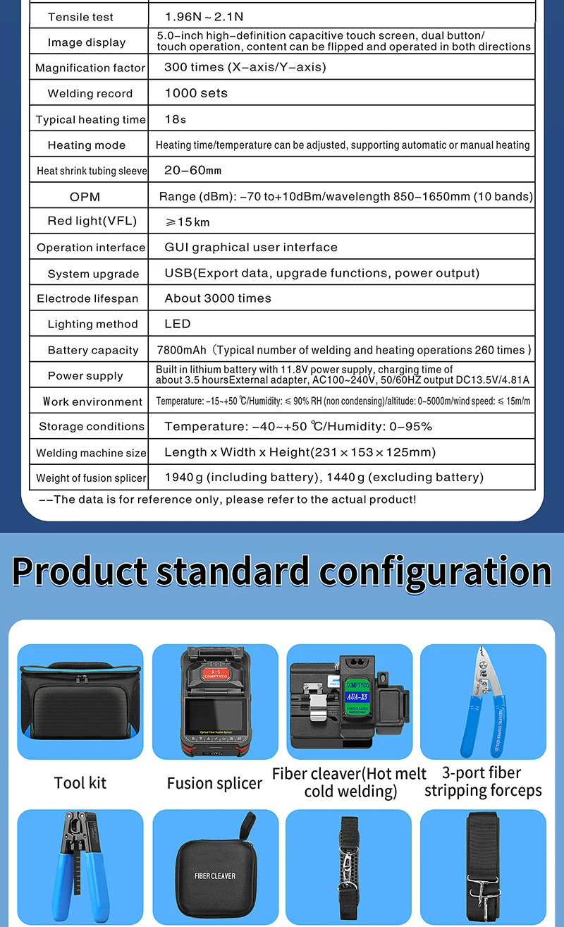 COMPTYCO A-5 Optical Fiber Welding Machine with OPM/VFL Touchscreen Fusion Splicer Machine 7800mAh Fiber Optic Fusion Splicer factory