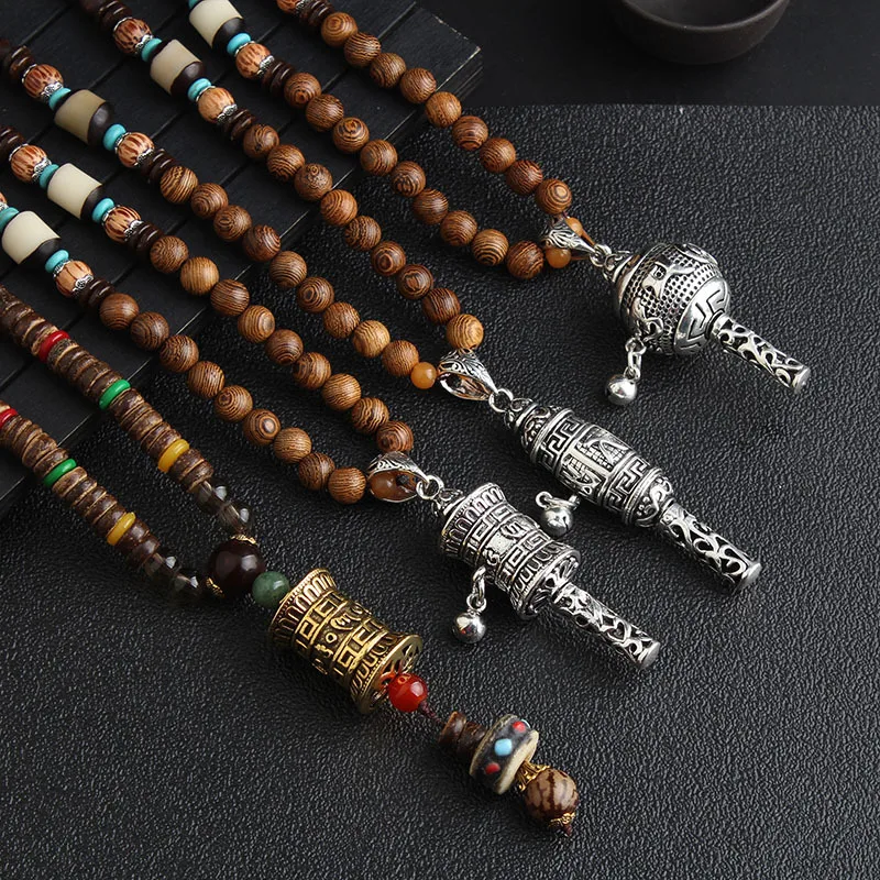 HXSCOO Vintage Népal Long Bouddhiste Mala Bois Perlé Pendentif