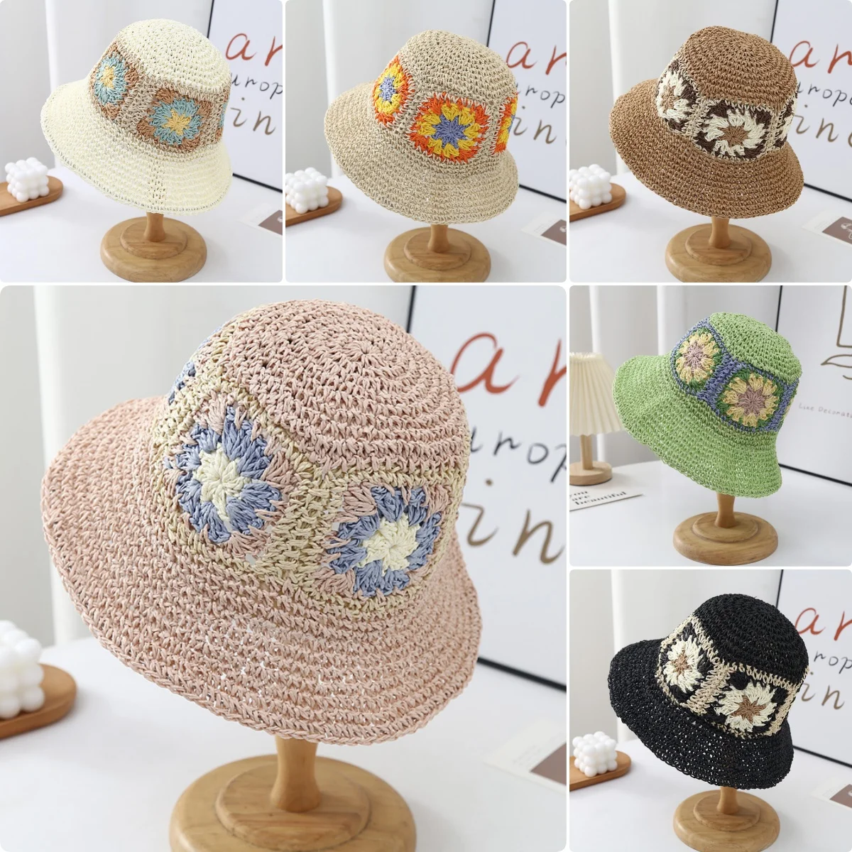 Boho Adult Handmade Woven Paper Floral Sun Straw Hat Cap 