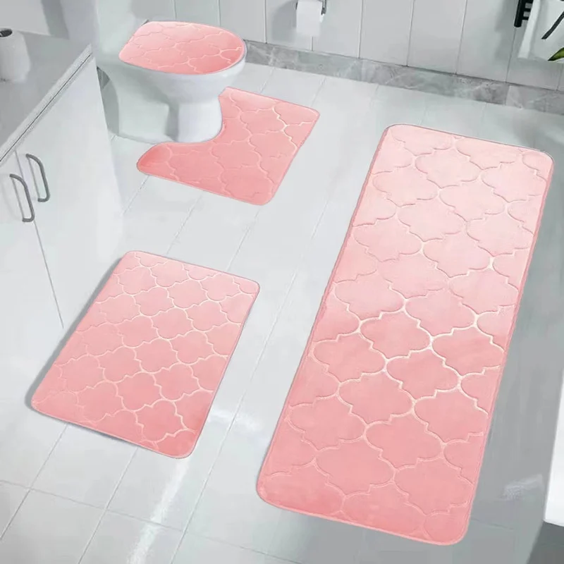 Classic Style 4-Piece Chenille Carpet Bath Rug Set Quick-Drying Polyester Non-Slip PVC Bottom Solid Toilet Mat Bathroom