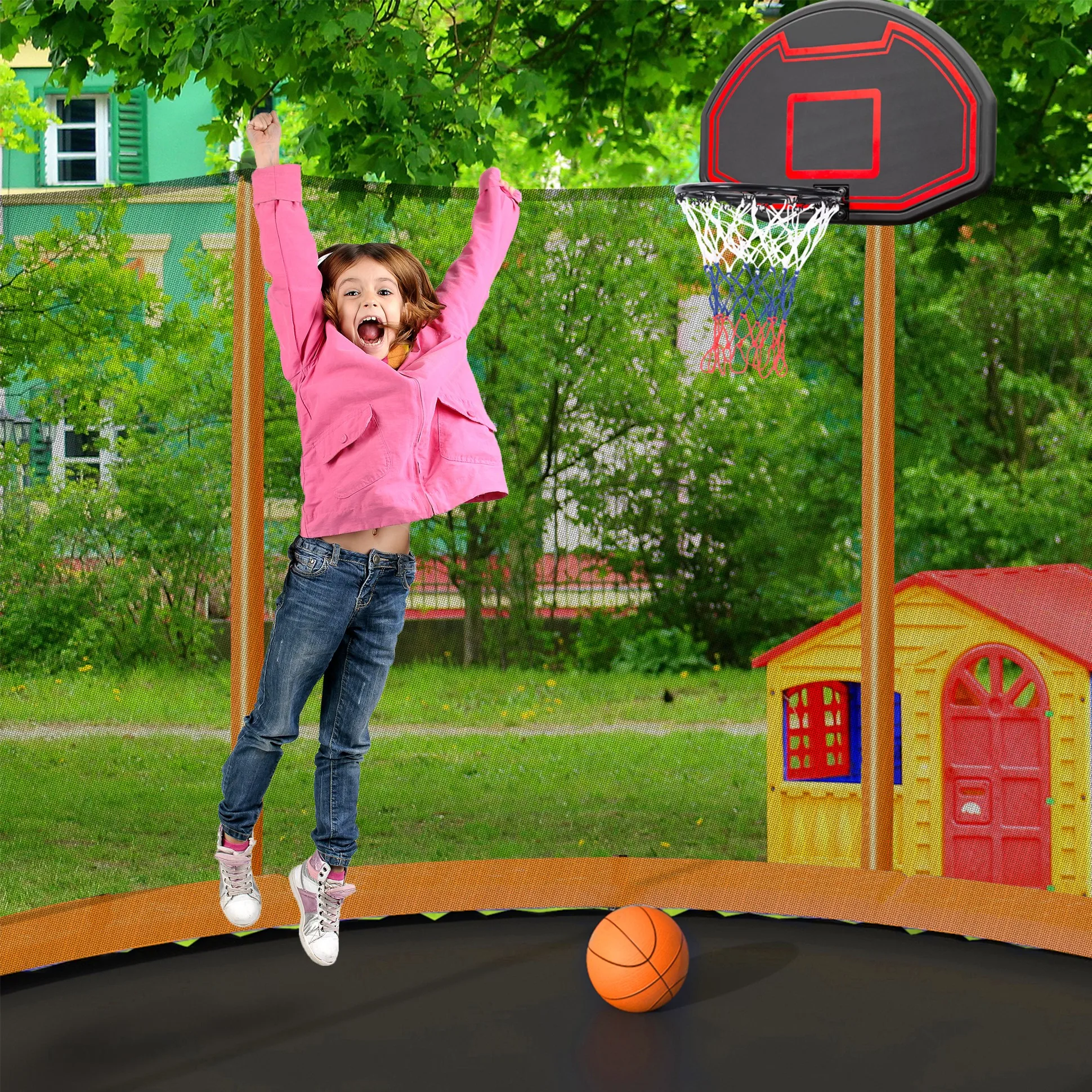 USA Stock 12 Feet Trampoline and Enclosure With Basketball Hoop Adult  Children