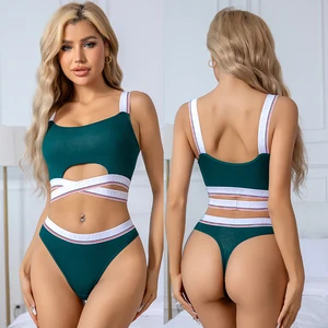 Solid color women's bra set letter sling sexy thong set hollow beautification back breathable and comfortable sexy underwear.