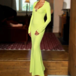 Summer New Fashionable Cyan Women'S Dress Deep U-Neck High-Waisted Fish Tail Dress Elegant Long-Sleeved Dress