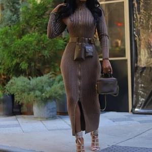 GX14042 Autumn Winter High Quality Women's Long Sleeve Turtleneck Zipper Maxi Dress Elegant With Belt Knitted Unique Dresses