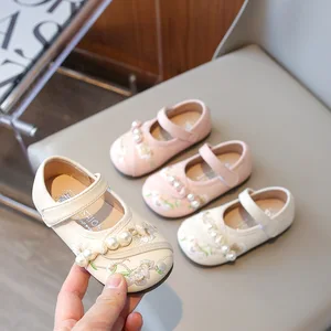 Girls' Hanfu Style Crib Shoes Spring National Style Small Leather Floral Print PU Upper Slip-On New Chinese Style Children