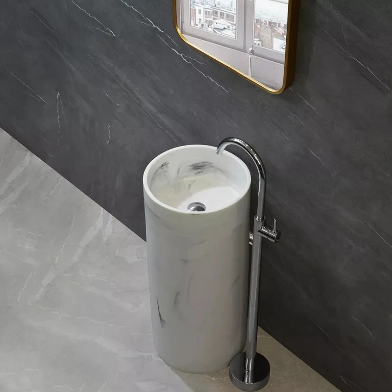 Marble white artificial stone cylindrical round one piece bathroom sink freestanding pedestal hand wash basin details