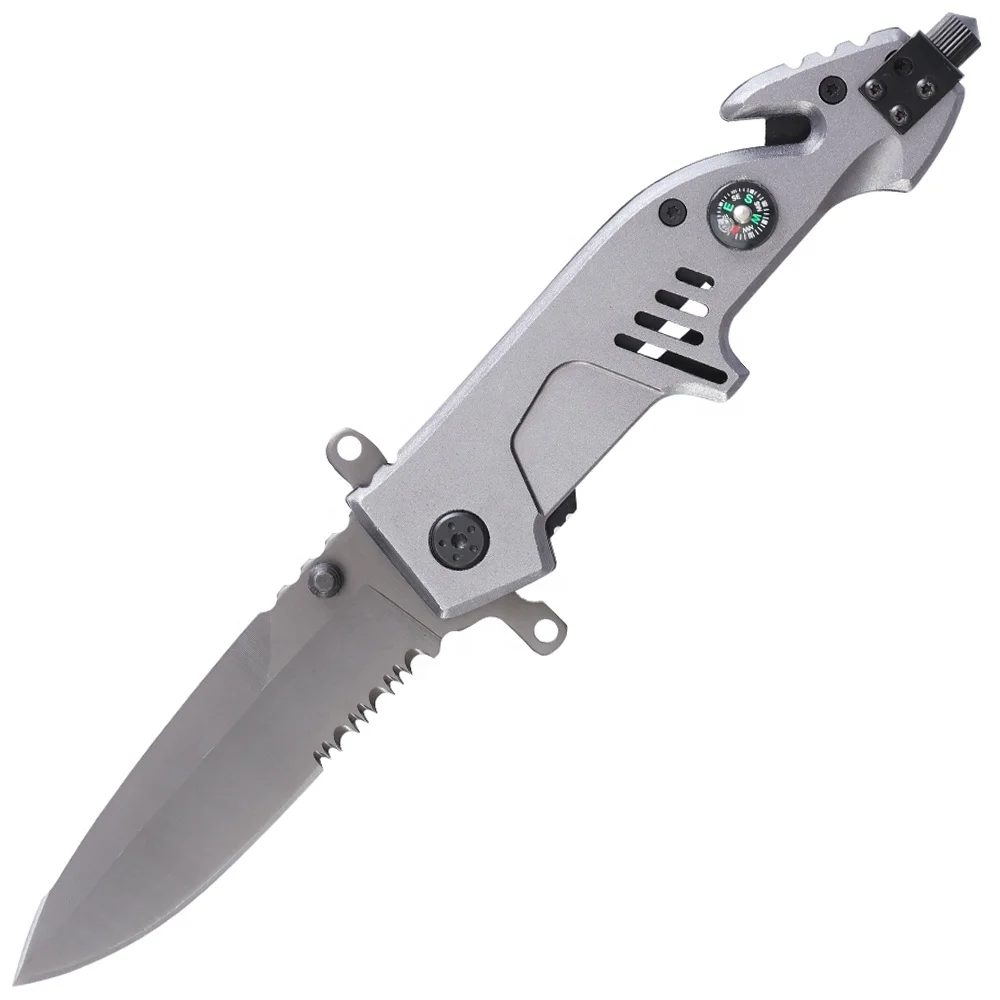 3.9" Double-Edged Anodized Coating Half Serrated Spear Point Blade Compass Glass Breaker Belt Cutter Multifunction Pocket Knife