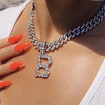 Iced Cuban Link Chain Letter Pendant with diamond Tennis Chain Women's chocker letter necklace jewelry "A to Z" initial necklace