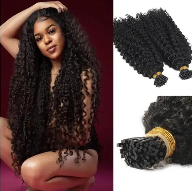Extension per capelli ricci lunghi e crespi con punta a I per donne, fasci di capelli umani brasiliani, fusione alla rinfusa, cheratina, punta a I, capelli ricci, 100 pezzi_voghion.com