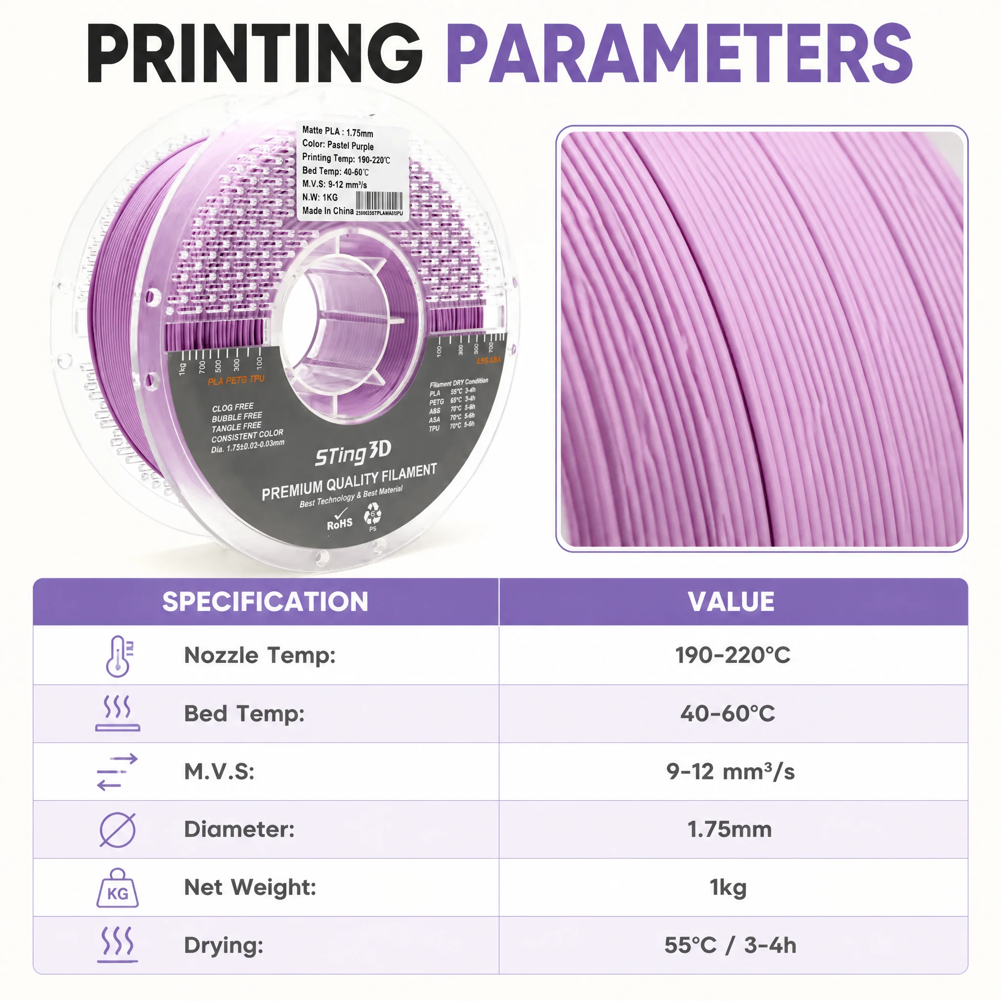 Sting3D Hot Selling  Matte/Pastel Color Pla Filament 175mm 1kg Plastic 3d Printing 175mm Pla Filament