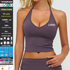 Custom Fabric Style Color Logo Quick Dry V-Neck Halter Bodycon Yoga Vest Women Outdoor Running Sports Underwear Gym Fitness Bra