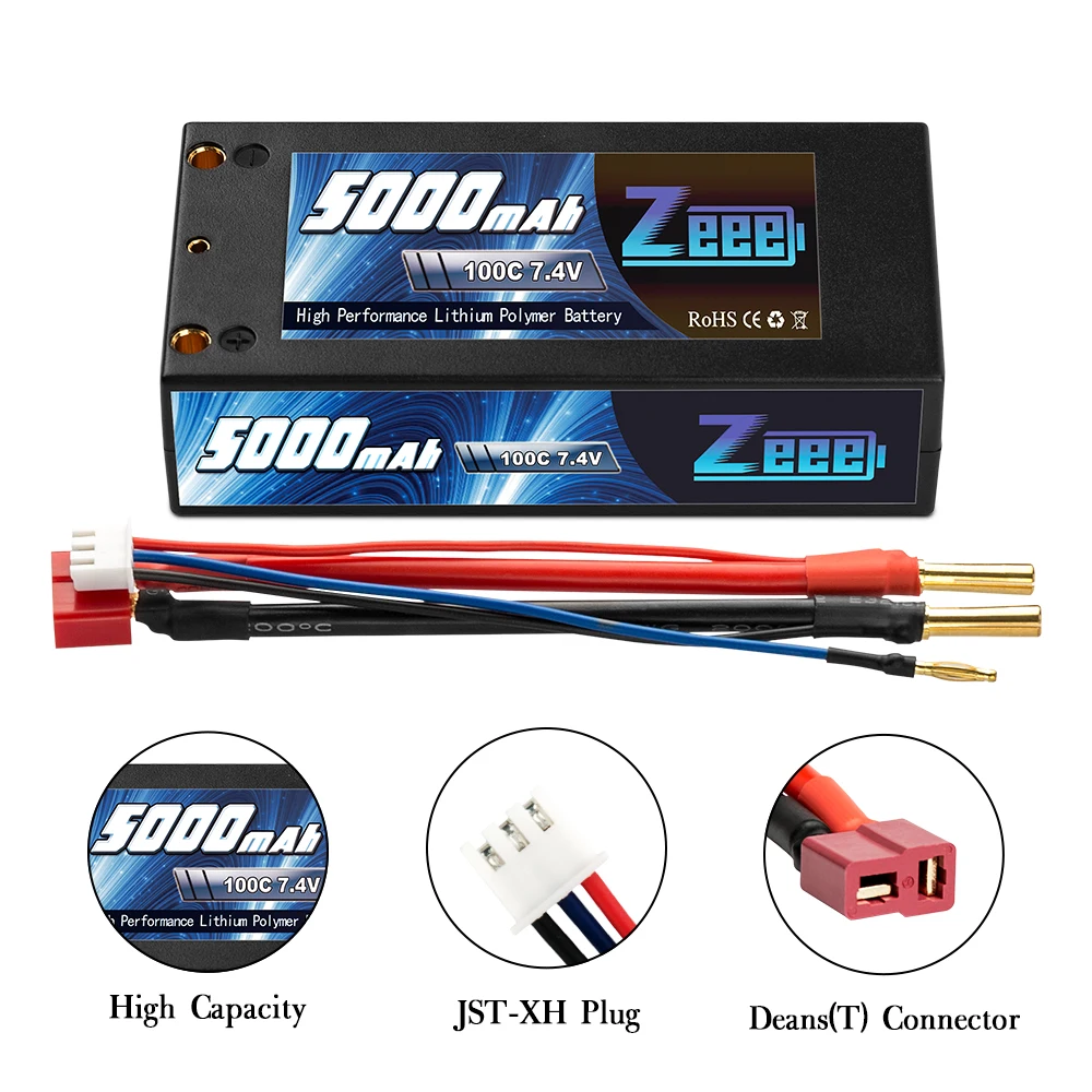 Zeee 2S Lipo Batterie 5000mAh 7.4V 120C avec 5mm Bullet to Deans Plug