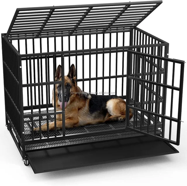Heavy Duty Escape Proof Indestructible Double Door Dog Crate Cage Kennel with Lockable Wheels for Large Dog with Removable Tray
