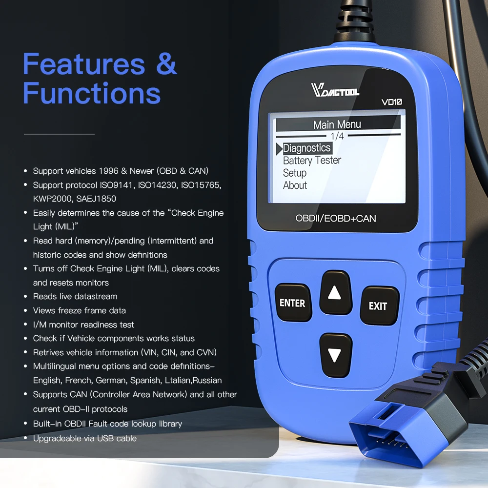 Vdiagtool VD10 OBD2 Scanner Car Code Reader EOBD OBD2 Scan Tool Check Engine Fault Code Read PK CR3001 319 ELM327 AD310