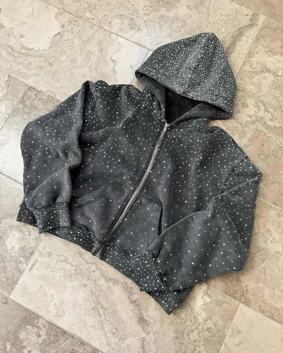 Salati Custom Zip up Bling Rhinestone Heavyweight Spangle French Terry Faded Acid Stone Wash Vintage Men's Hoodie & Sweatshirts gallery 4