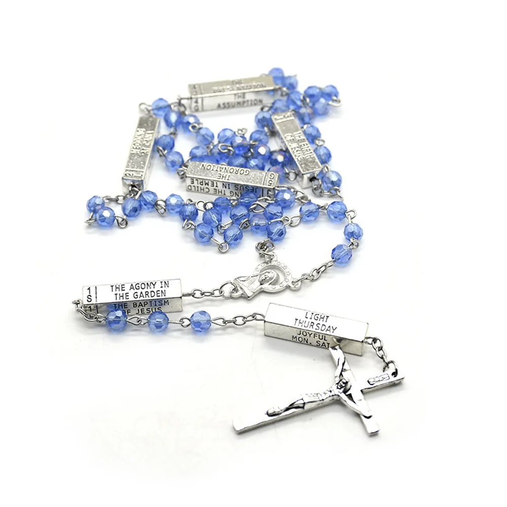 Pink and Blue Catholic Necklace Crystal Rosary Holy Cross Prayer Beads CLASSIC Unisex Wedding Beads Ser Necklace Zulu Beads