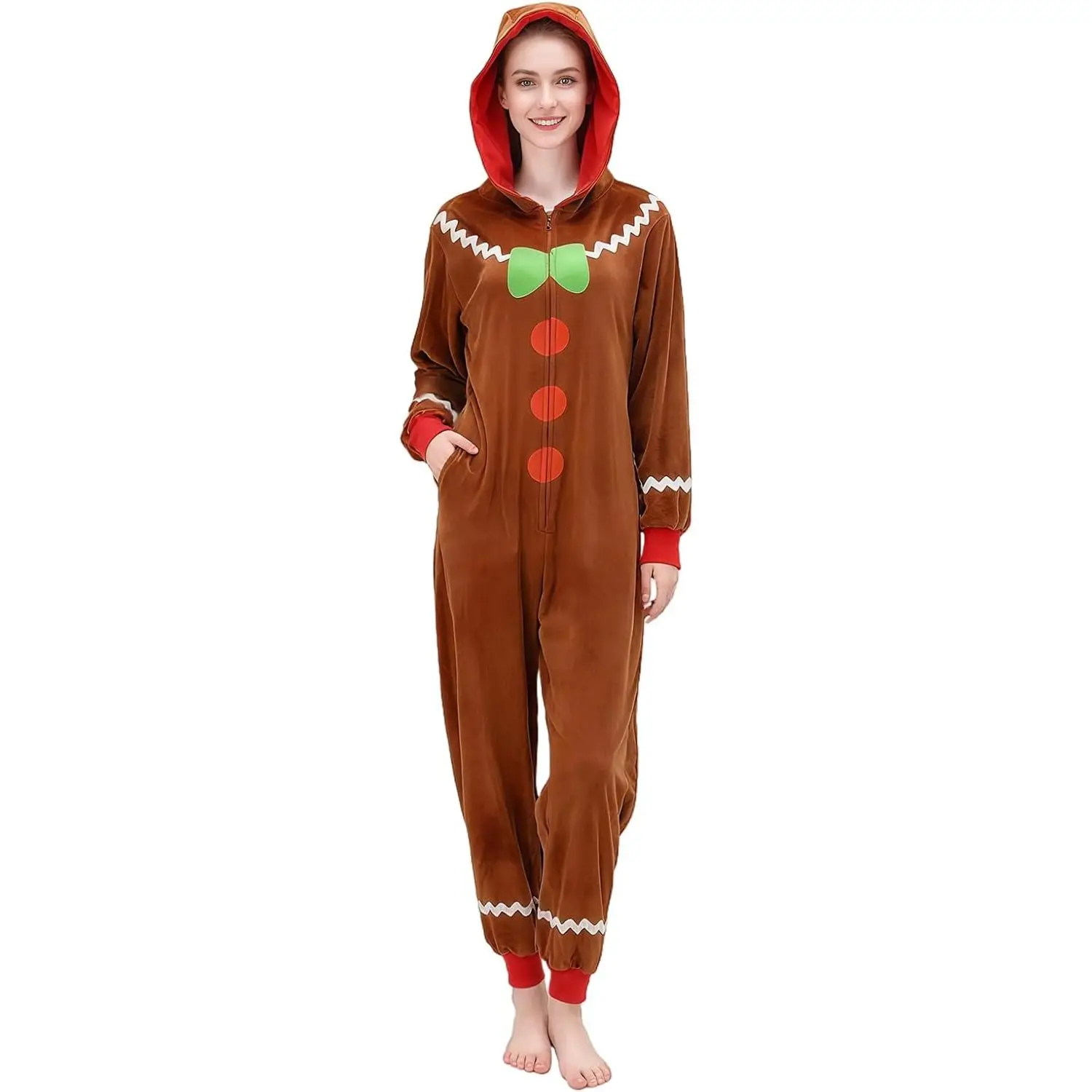 YUIQPKJX Gingerbread Zipper Onesie Unisex Fleece Pajamas Christmas Hooded Costume Sleepwear for Men Women