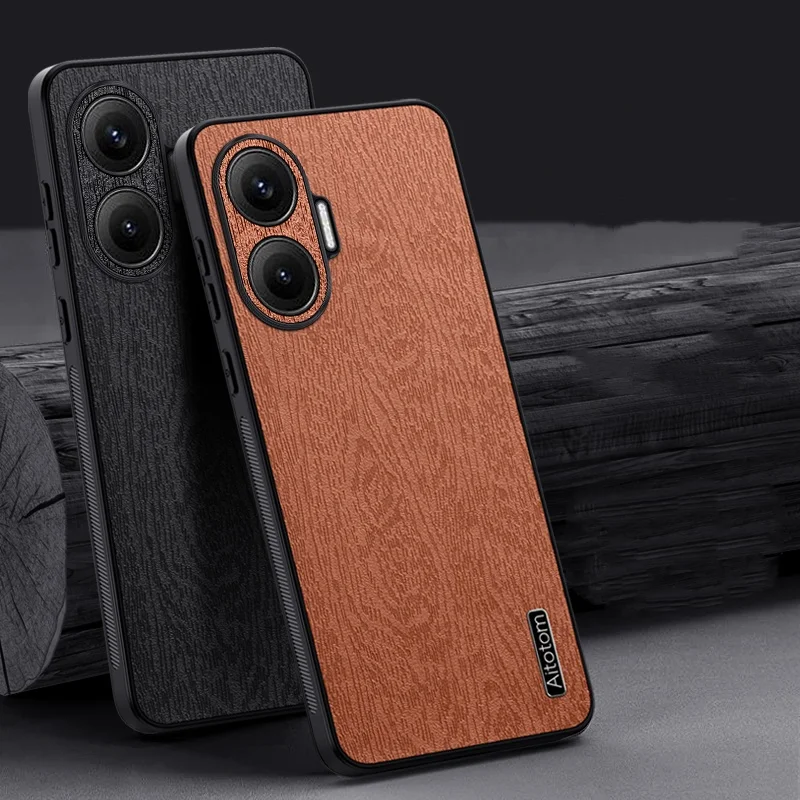 Luxury Tree Bark Leather Lens protect Case For Xiaomi Poco X7 Pro