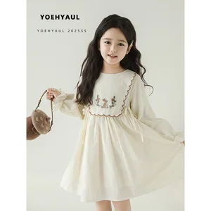 YOEHYAUL Q4259 Autumn New Long-sleeved Kids Cotton Dress Tie Front Embroidered Flowers Rabbit Sweet Elegant Girls' Dresses