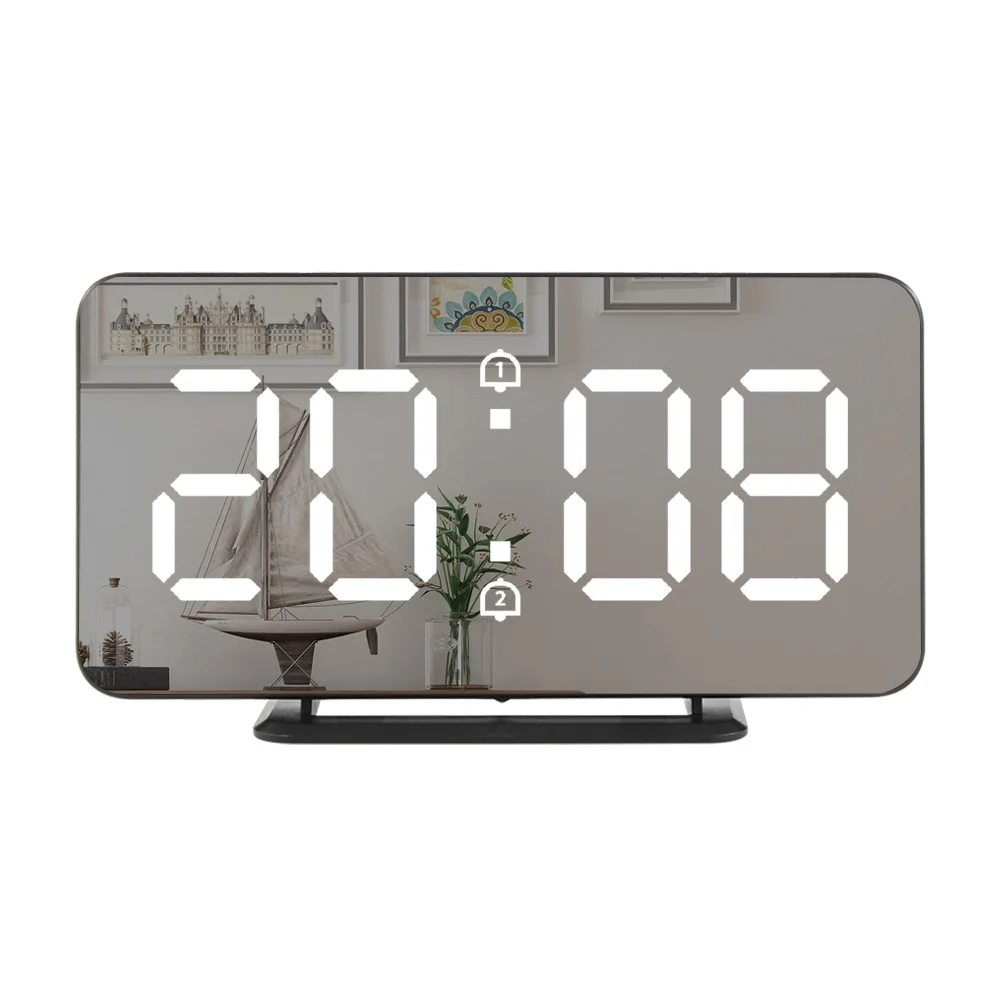 Digital Mirror Alarm Clock LED Electronic Temperature USB Multifunction Nightlight Alarm Clock with Wireless Charger and Speaker