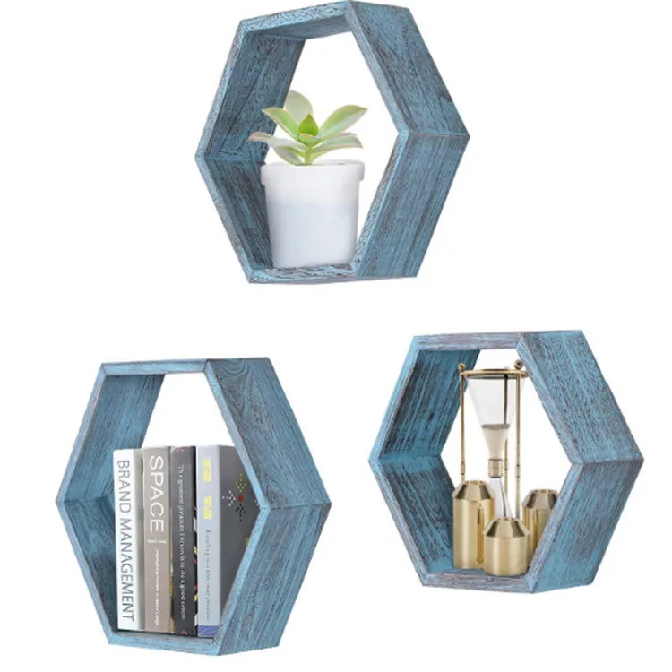 
 Лидер продаж на Amazon, винтажное деревенское украшение, деревянный дизайн, плавающий Шестигранная настенная полка  