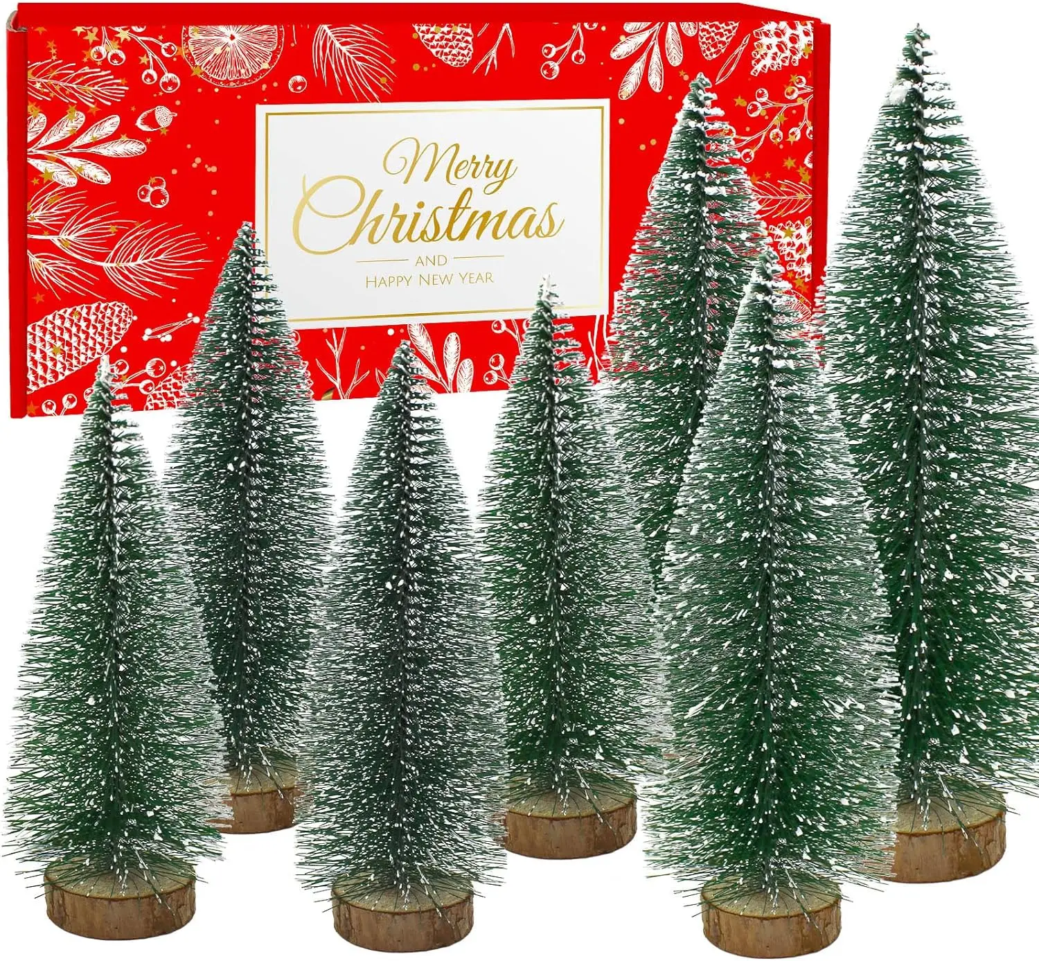Artificial Tabletop Mini Christmas Village Tree Bottle Brush Trees with Wooden Base for Christmas Party Home Table Craft