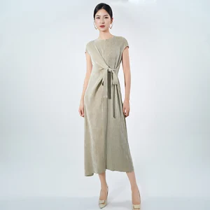 Fast Shipping High Quality Metallic Polyester Dress Women Casual Irregular Miyake Pleated Dress