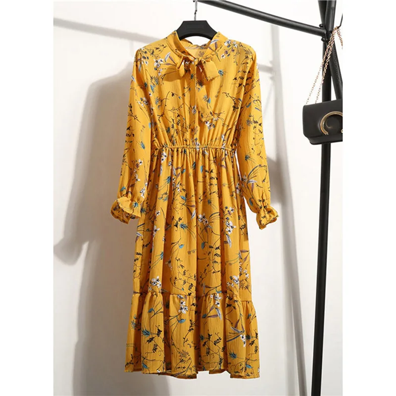 Women Casual Dress Lady Korean Style Vintage Floral Printed Chiffon Shirt  Dress Long Sleeve Bow Midi Dress L0042 - Buy Girls' Floral Printed  Dresses,Casual Dresses,Dresses Product on Alibaba.com