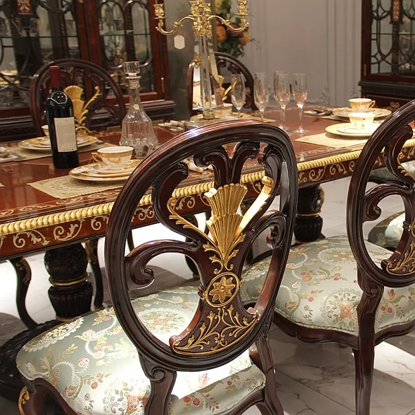 Luxury European British Style Sea Shell Veneer Decorated Mahogany Wood and Gold Dining Set