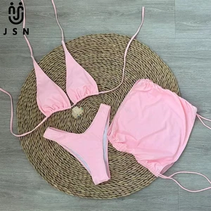 JSN 2026 Customized Solid Color Halter Neck Strap Sexy Style Bikini Three-piece Set Backless Bikini with Skirt women's swimwear