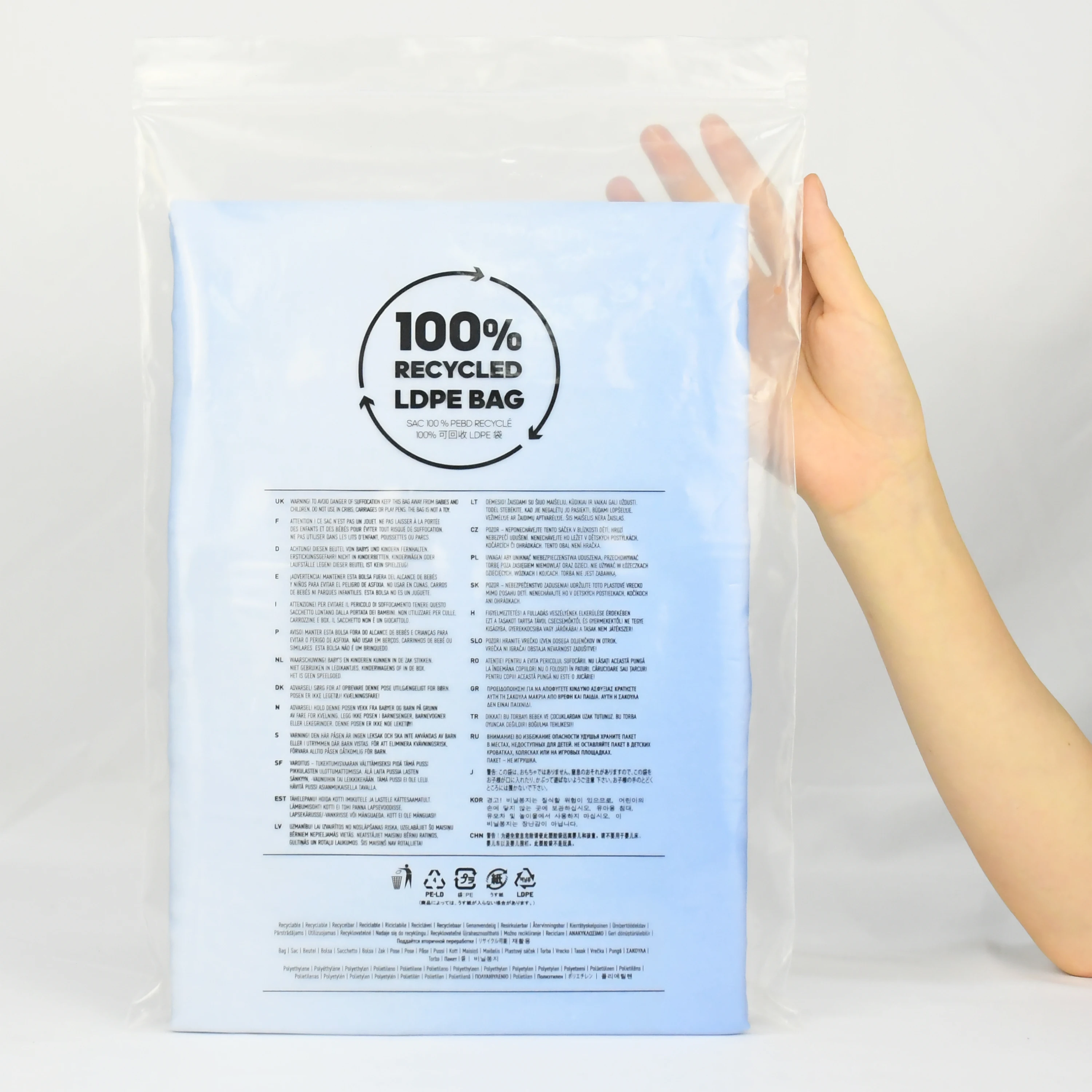Custom grs recycled bag packaging bag clear zip lock for clothing with logo suffocation warning