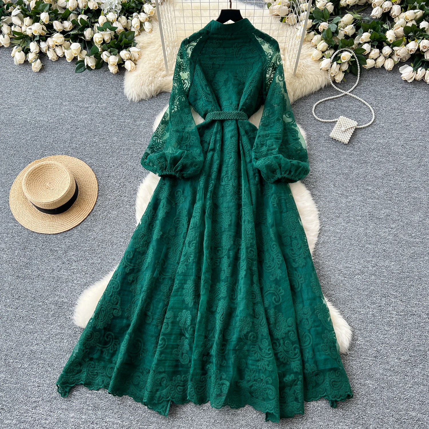 LW1052 Elegant Stand-Up Collar Heavy Work Embroidery Lantern Sleeve Lace-Up  Waist Swing Long Dress Luxury Women'S Elegant Dress| Alibaba.com